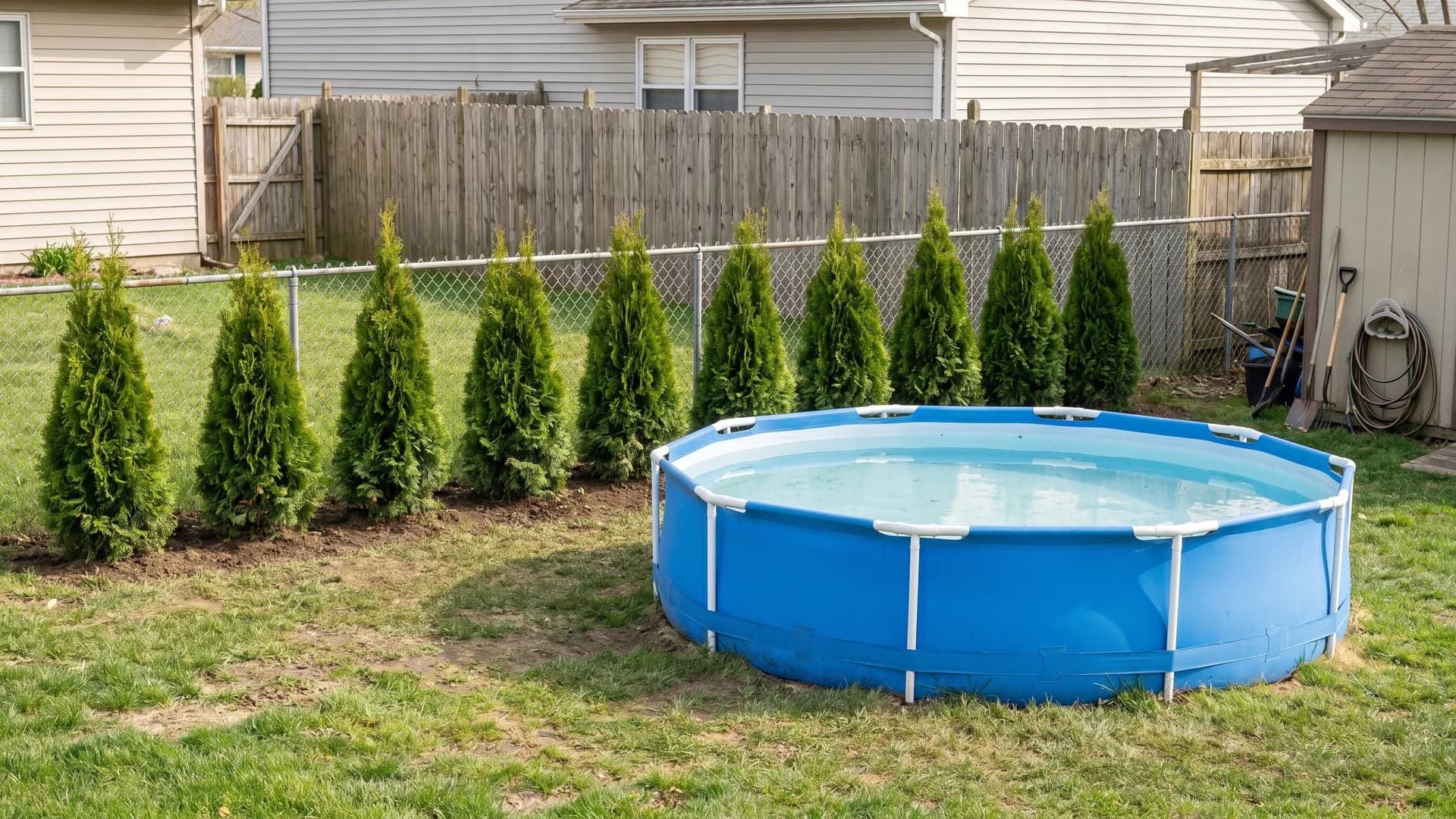 Row of emerald green arborvitae creating a privacy screen behind an above ground pool