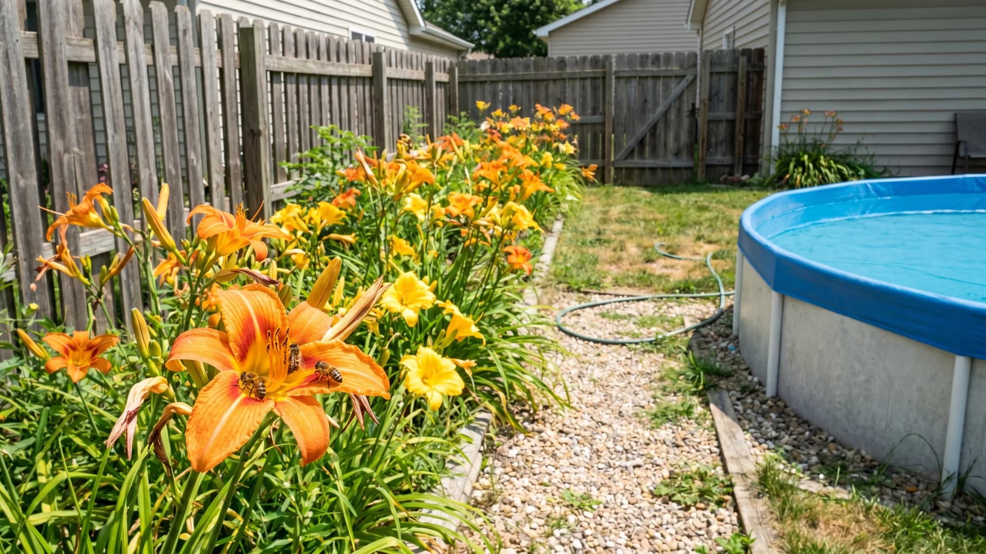 Orange and yellow daylilies blooming along the gravel border of an above ground pool