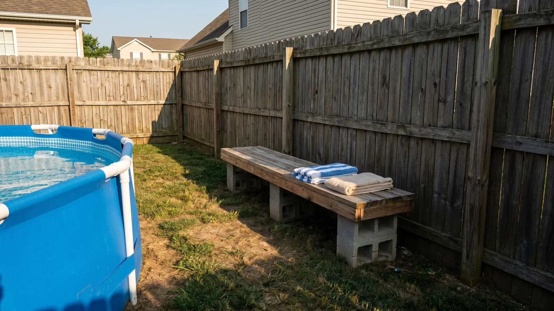 Simple cedar bench built along a fence facing an above ground pool