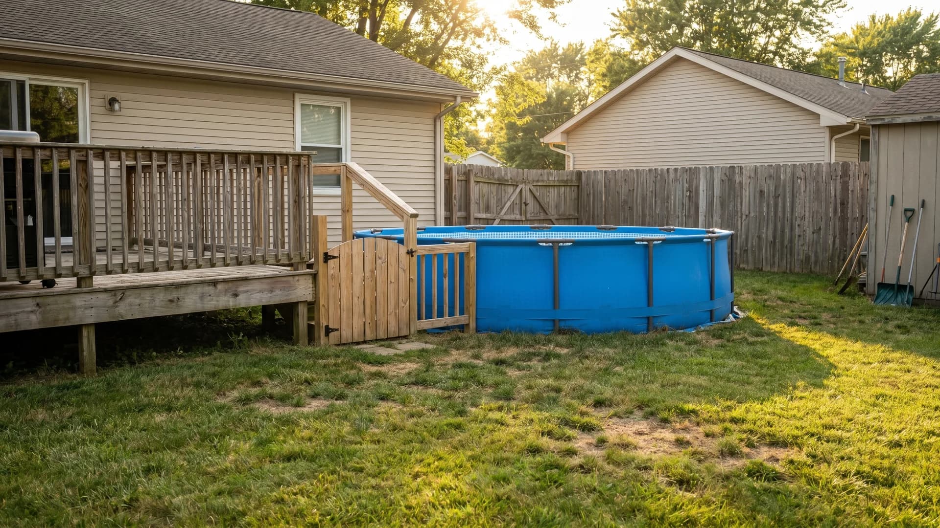 Above ground pool positioned against an existing house deck with a gate