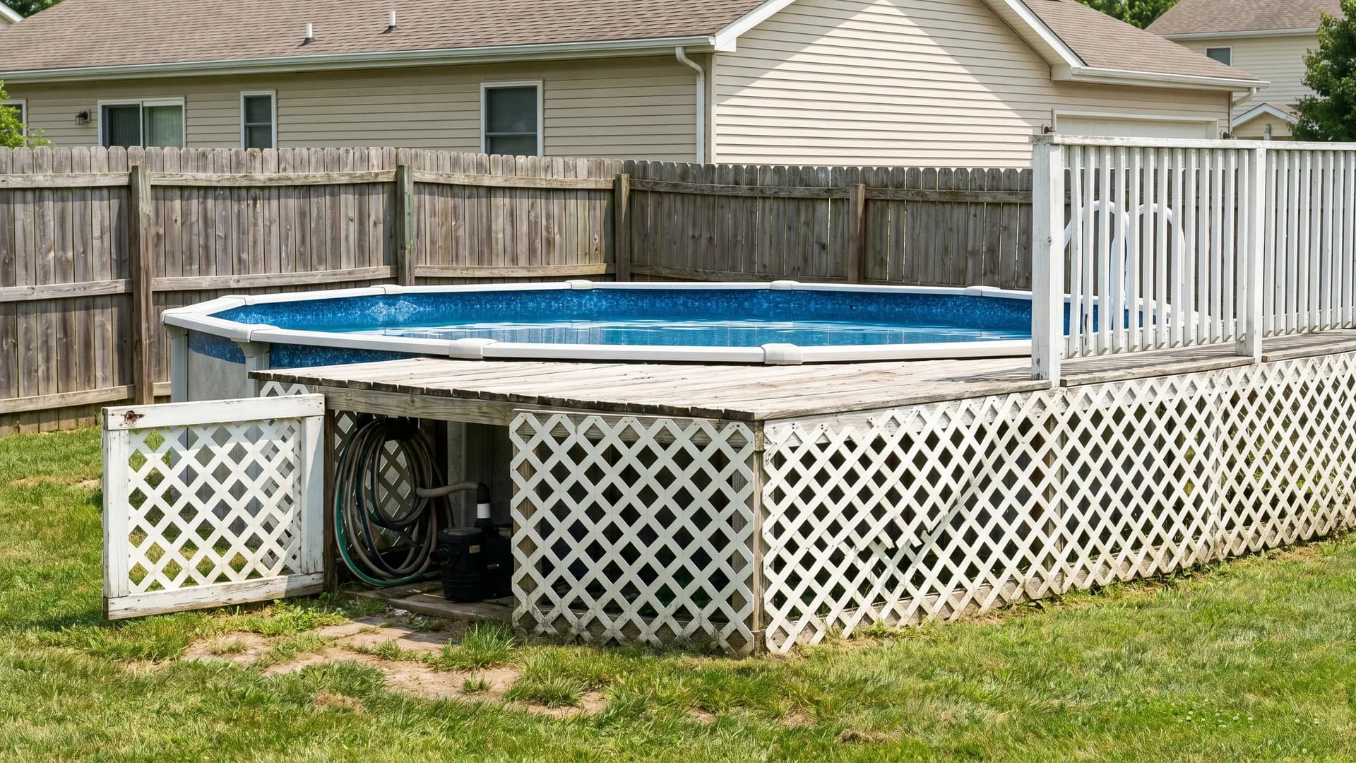 White lattice panels skirting the base of an above ground pool deck