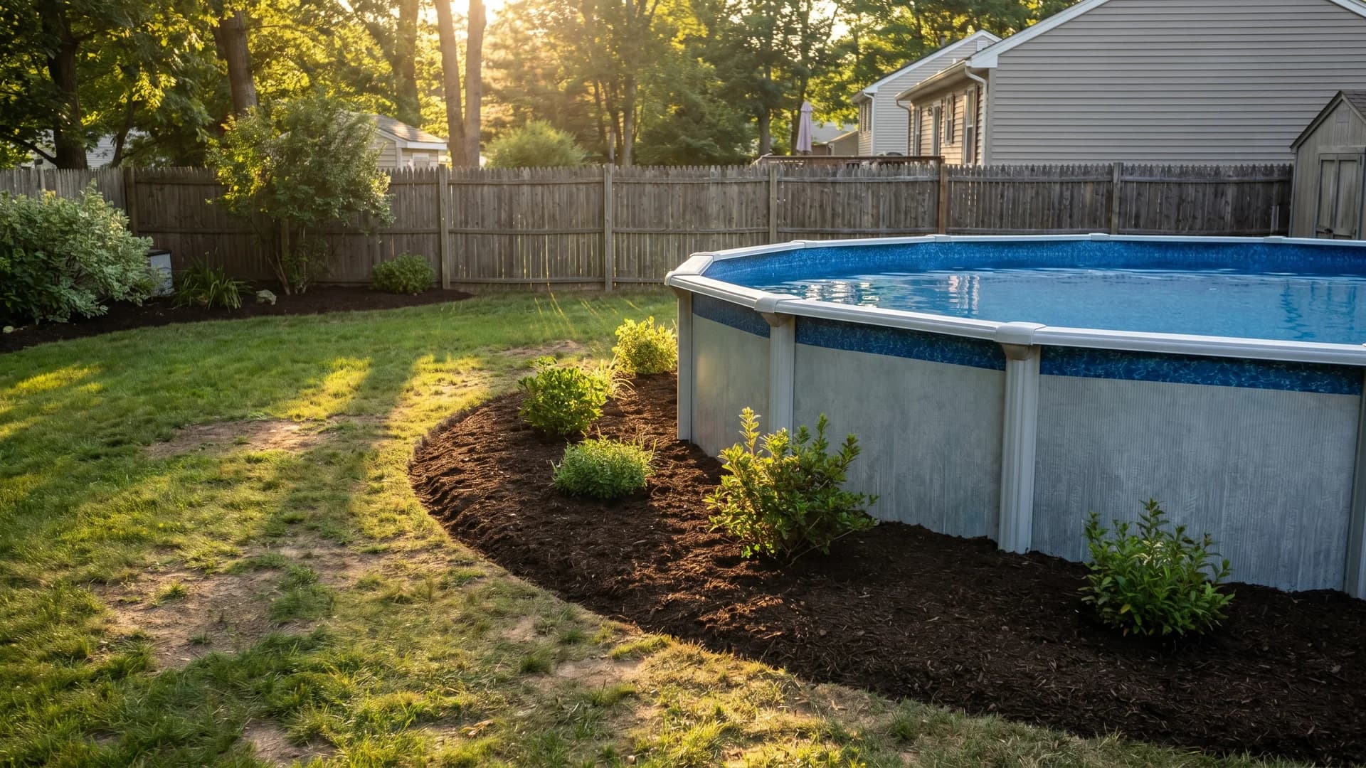 Dark mulch bed with a clean spade edge curving around a pool with shrubs