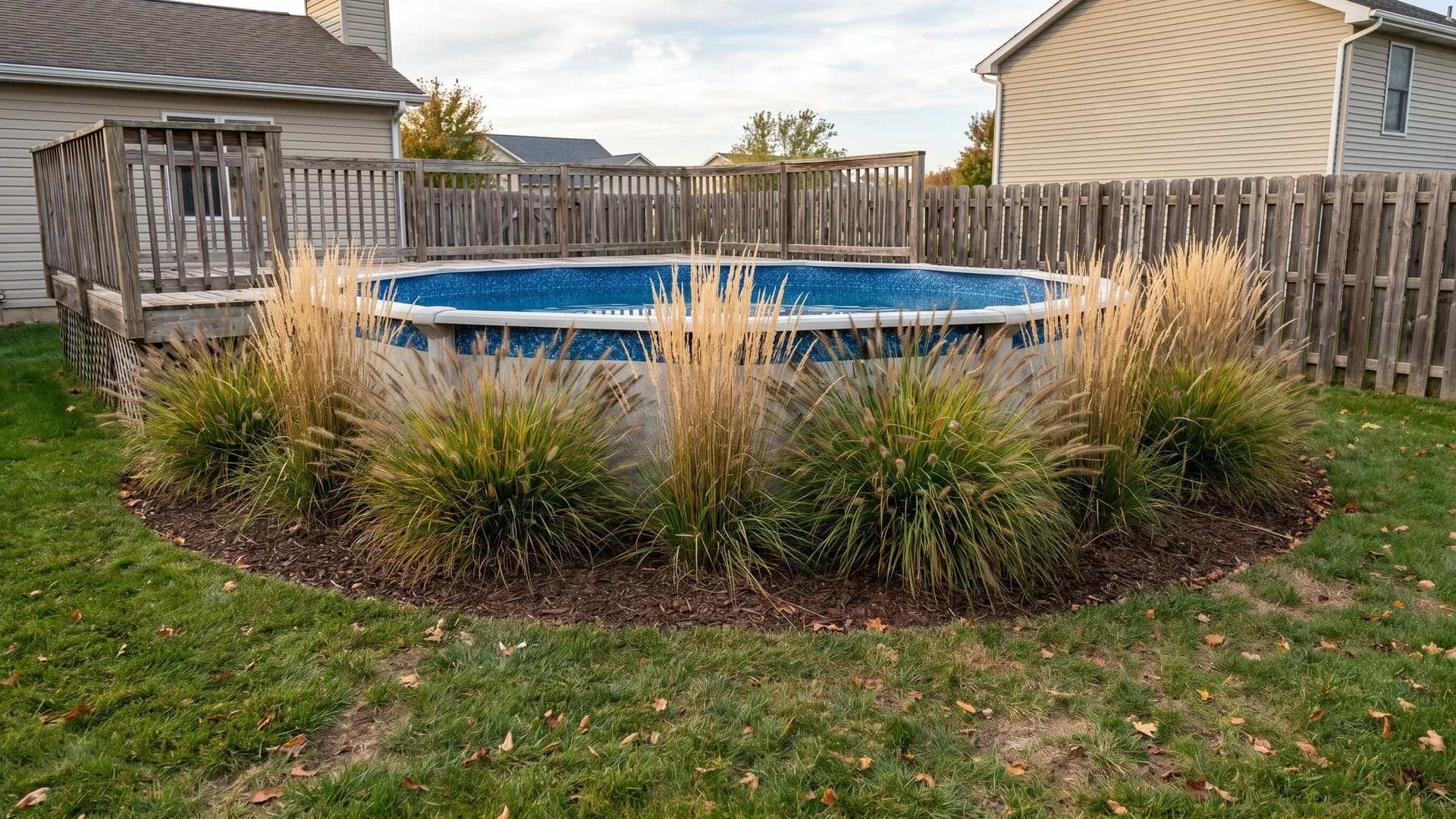 Feather reed grass and fountain grass planted in a curve around an above ground pool