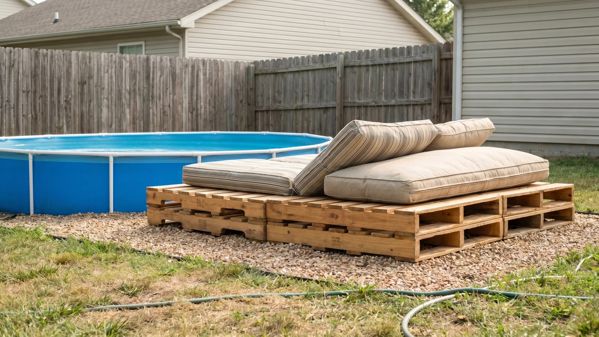 Low lounge platform built from wooden pallets beside an above ground pool with cushions