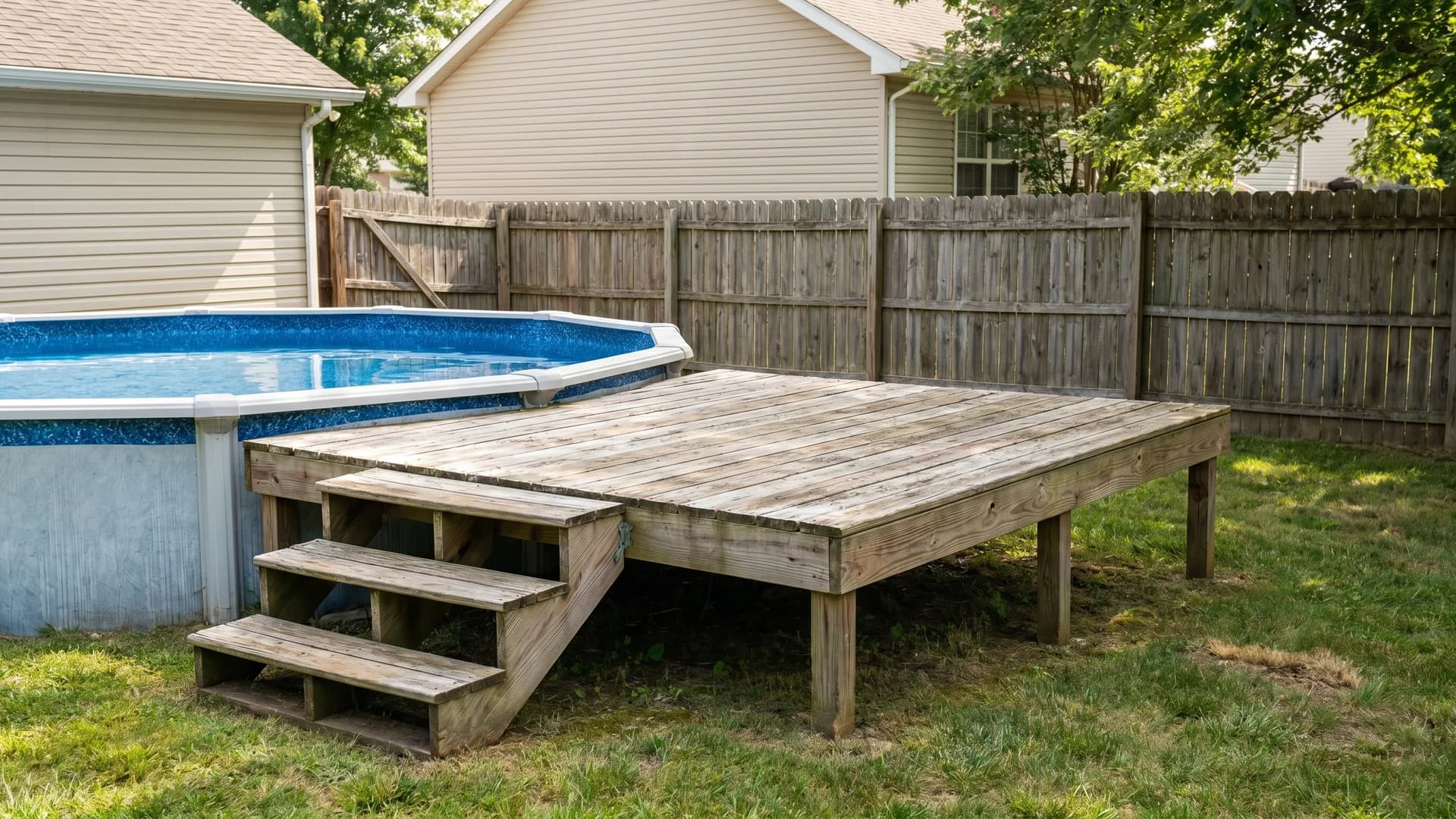 Small partial wood deck attached to one side of an above ground pool