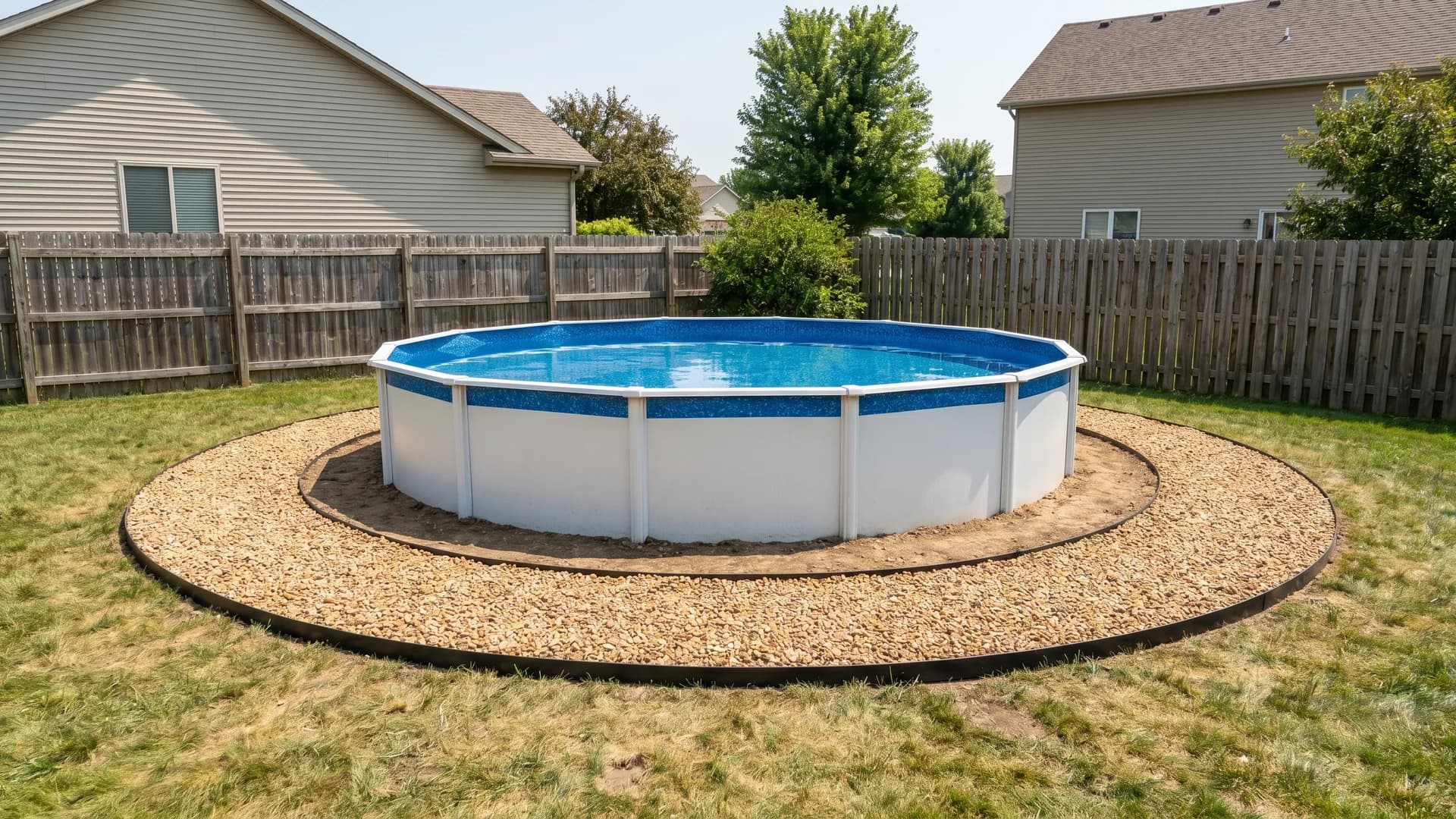 Cheap above ground pool landscaping with a pea gravel ring and edging around a blue pool