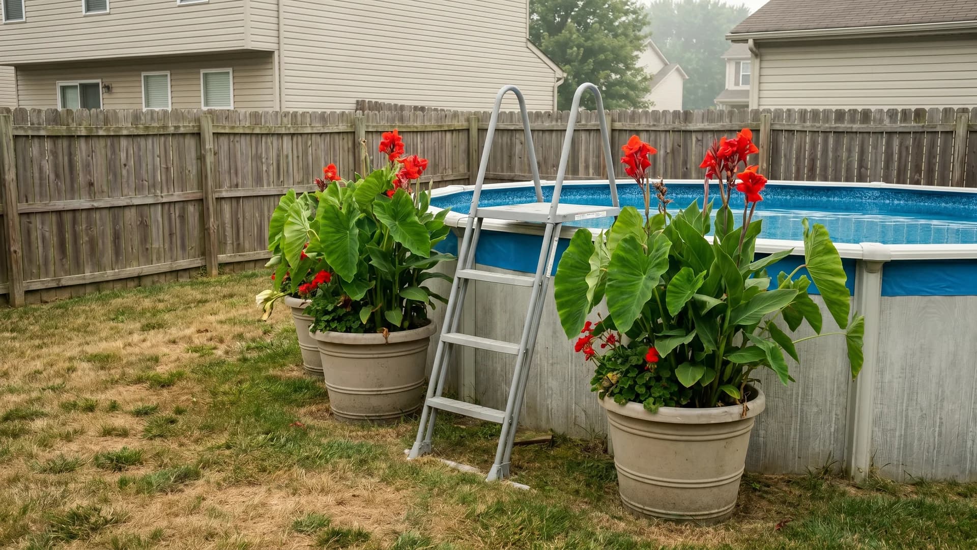 Large pots of cannas and elephant ears arranged beside an above ground pool