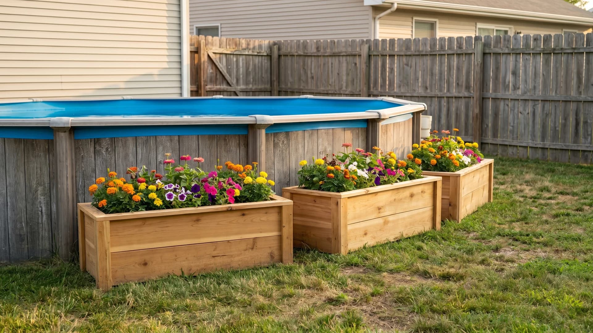 Cedar raised planter boxes with flowers lined up along the wall of an above ground pool