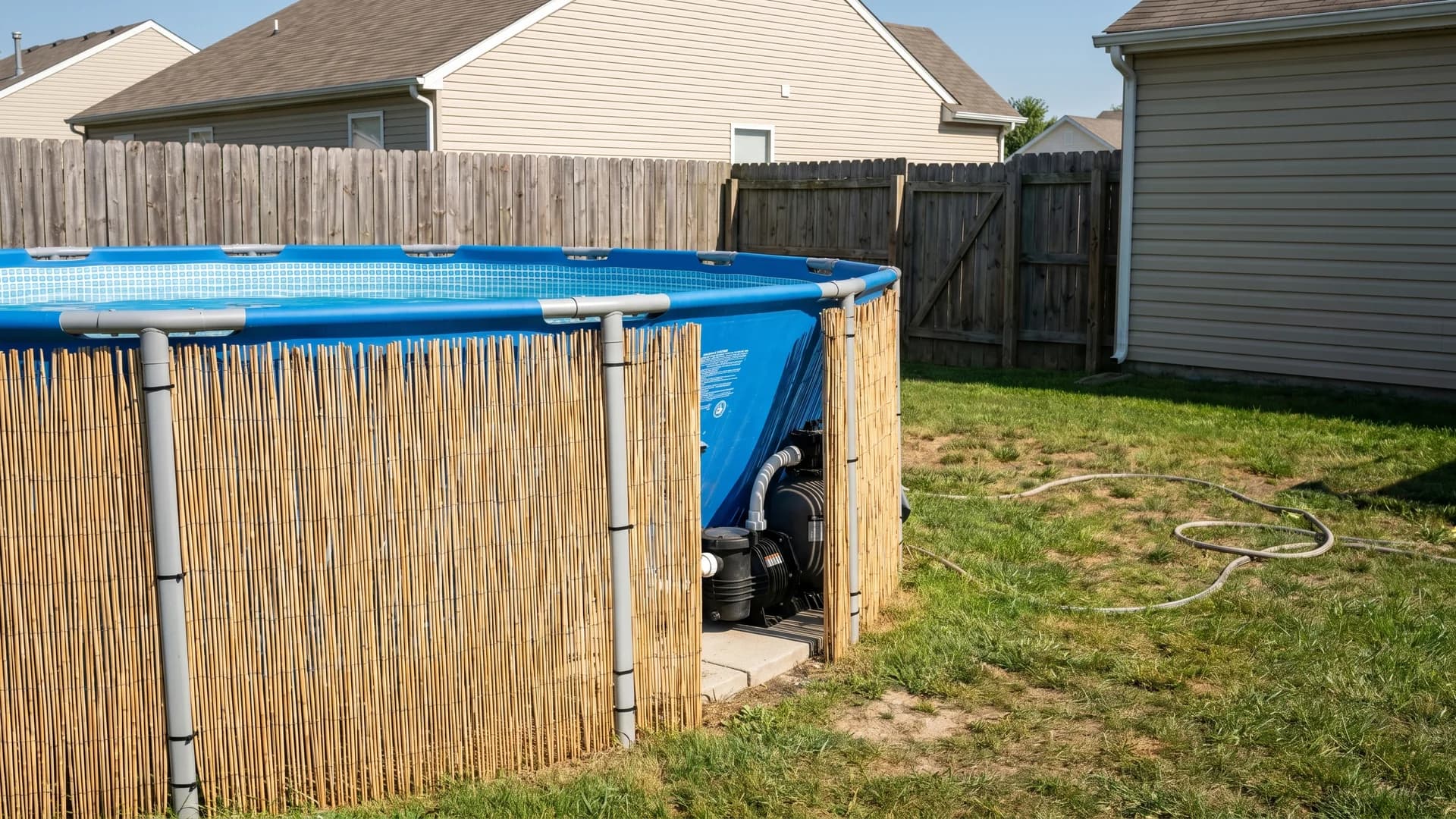 Above ground pool wall wrapped in natural reed fencing for a tiki look
