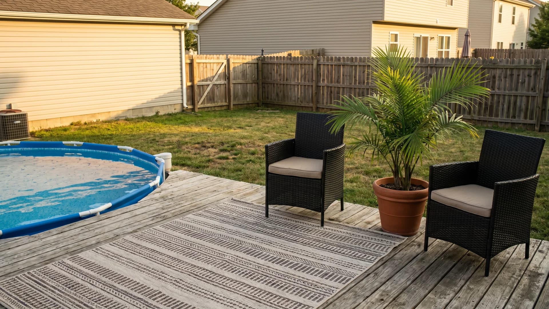 Corner of a pool deck staged with an outdoor rug, two chairs, and potted plants
