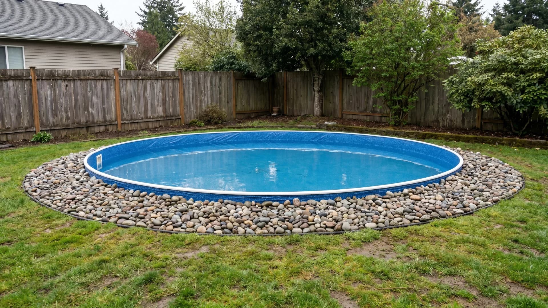 River rock border with mixed stone sizes circling an above ground pool