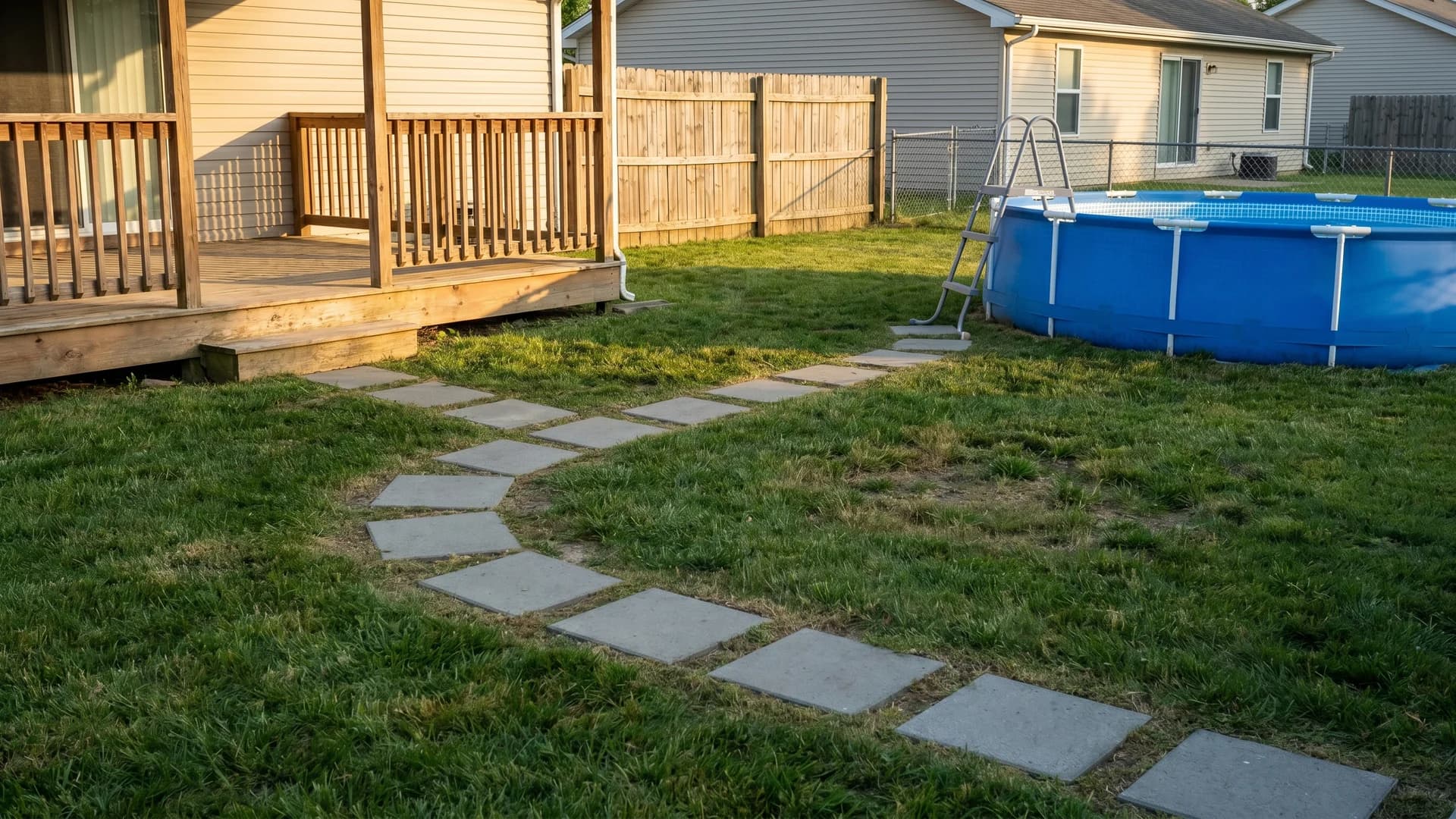 Stepping stone path crossing a lawn toward an above ground pool ladder
