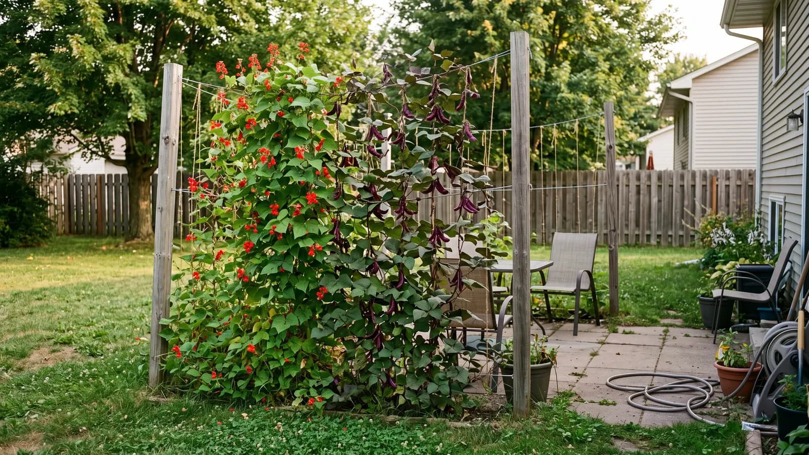 Tall posts with wires and strings covered in scarlet runner beans and purple hyacinth bean vines beside a small patio