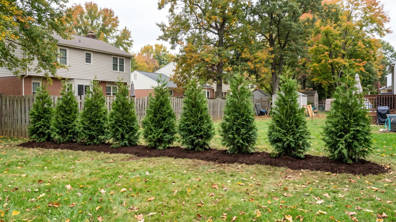 Row of young Green Giant arborvitae about six feet tall planted five feet apart along a suburban property line