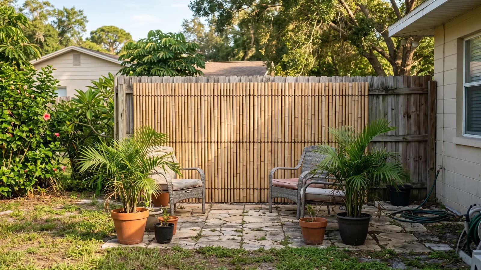 Rolls of natural tan bamboo fencing fastened to an old wooden fence behind a small stone patio
