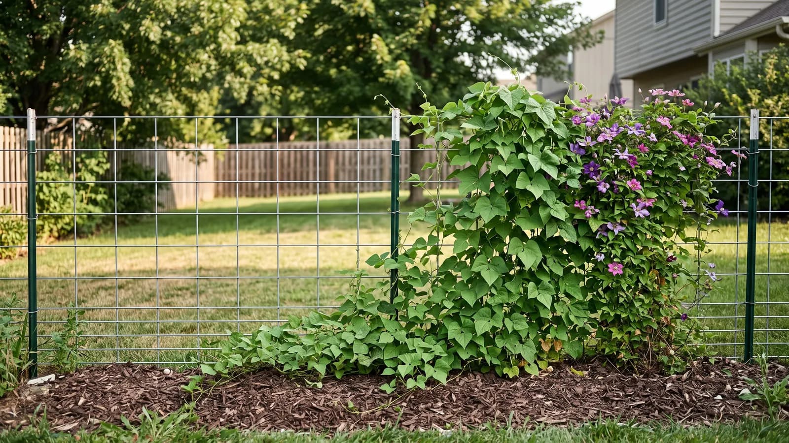 Galvanized cattle panels on green metal T-posts half covered with pole beans and clematis