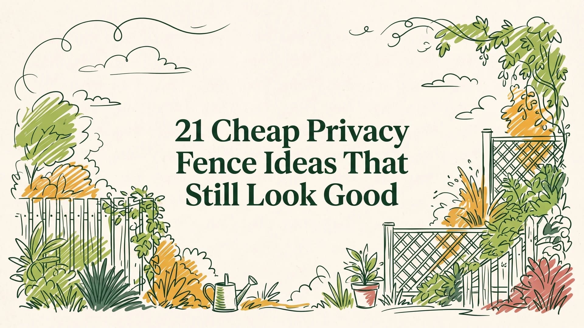 Cheap privacy fence ideas illustration with a wood picket fence, lattice panels, climbing vines and garden plants
