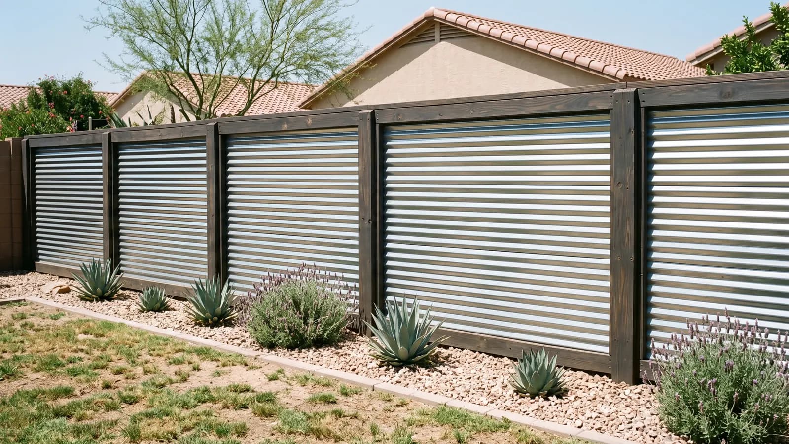 Horizontal corrugated galvanized steel panels in a dark-stained wood frame with agave and lavender in front