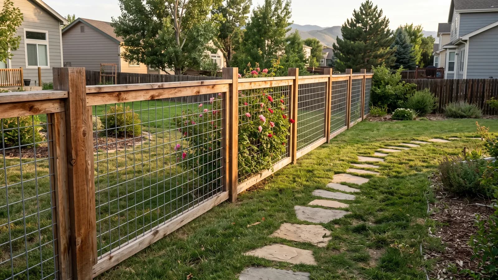 Welded wire panels set in rough-sawn cedar frames with climbing roses on one section