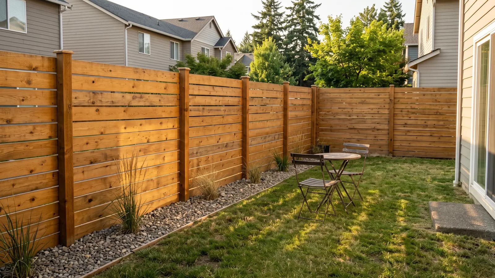 Six-foot horizontal pine board fence stained honey brown with small gaps and ornamental grasses in a gravel strip