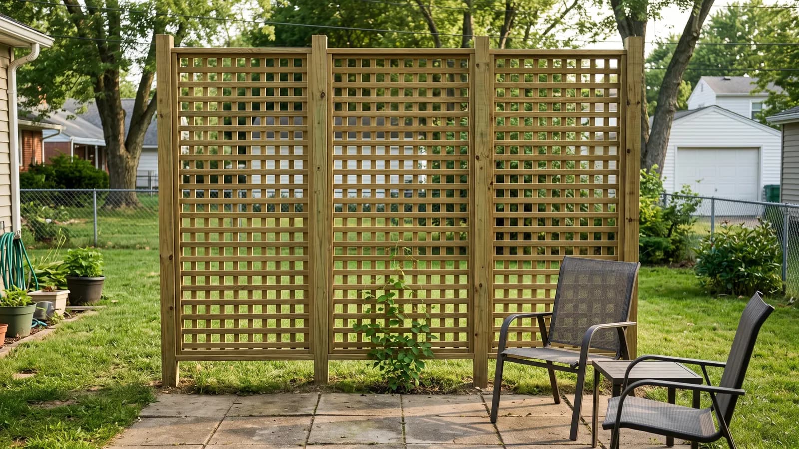 Pressure-treated wood lattice panels about seven feet tall forming a privacy screen behind a small patio