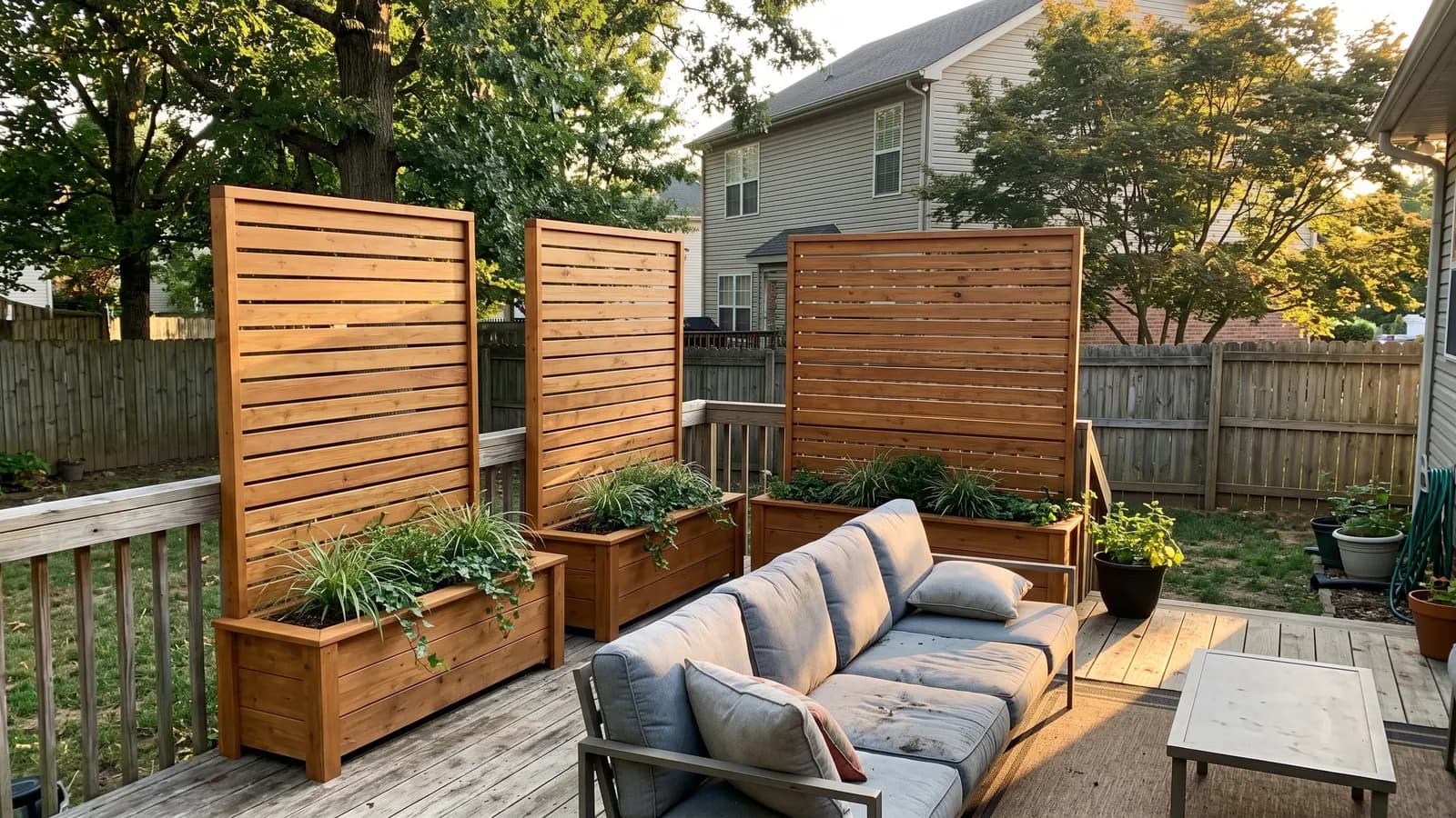 Three freestanding wood slat screens on heavy planter bases angled around a deck corner with an outdoor sofa