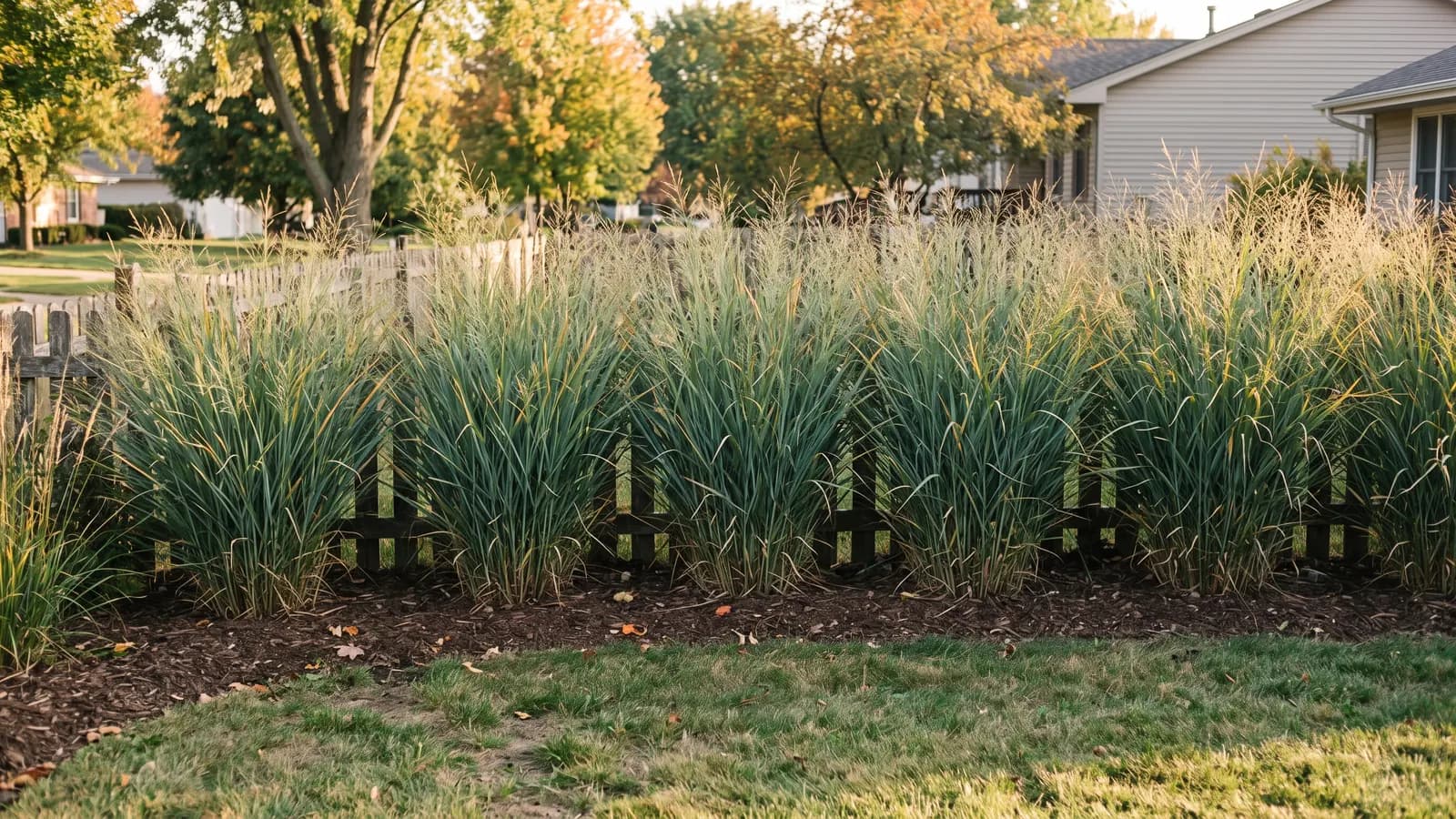 Dense row of tall upright switchgrass in a mulched bed in front of an old low fence
