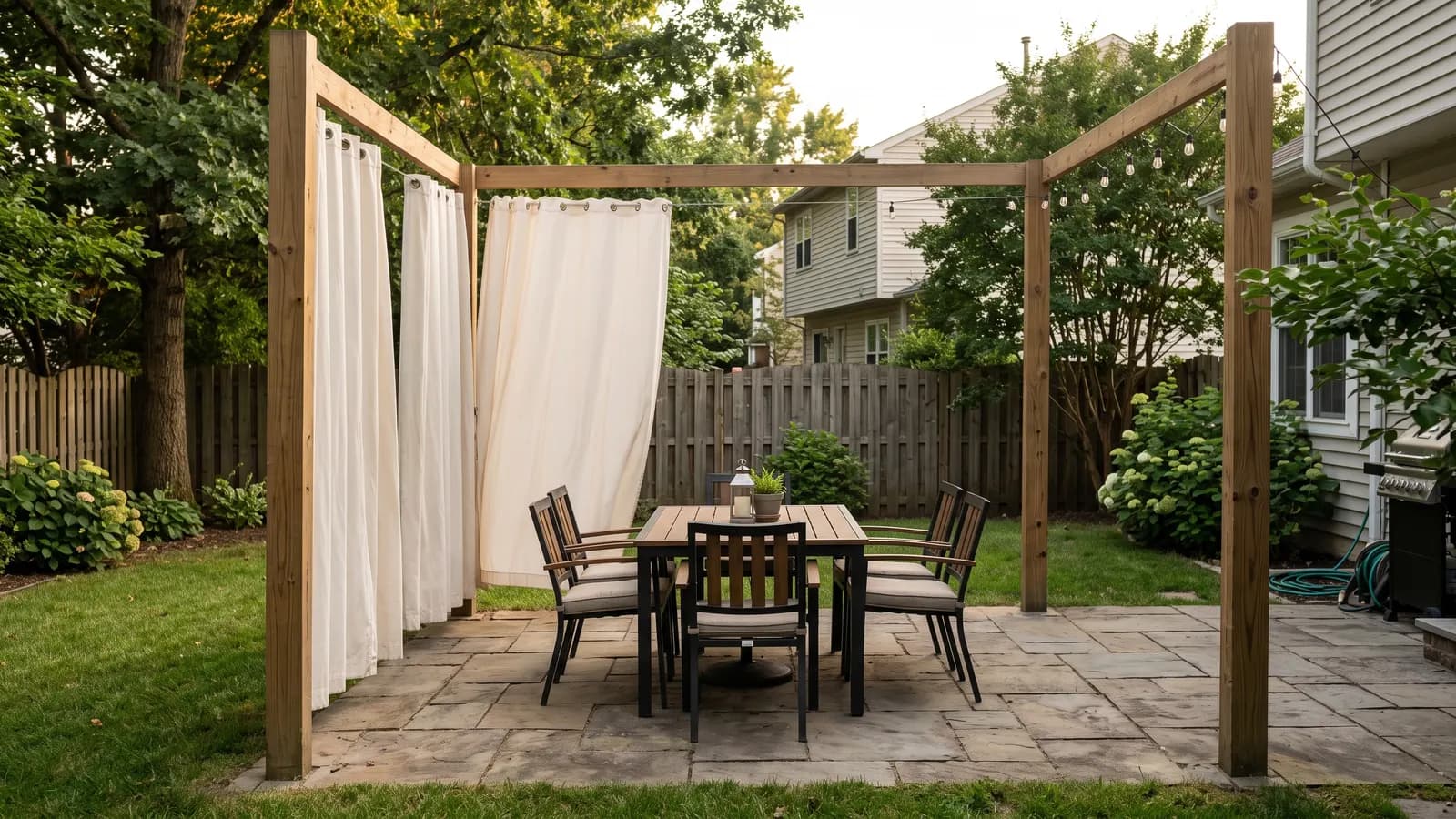 Four wooden posts with a top beam and off-white outdoor curtains drawn on the side facing the neighbor over a patio dining area