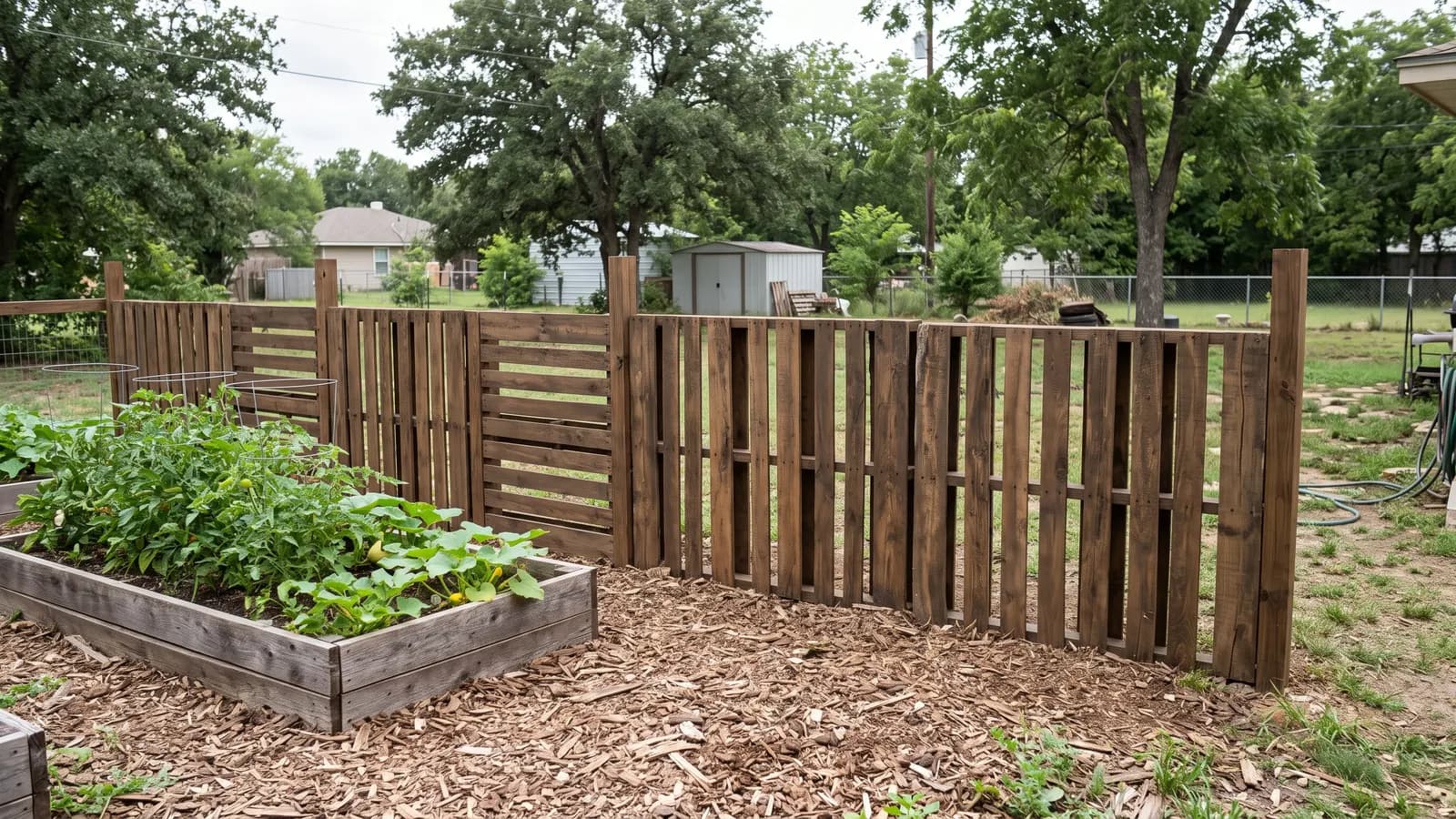 Backyard boundary of upright wooden shipping pallets stained dark walnut behind a vegetable bed
