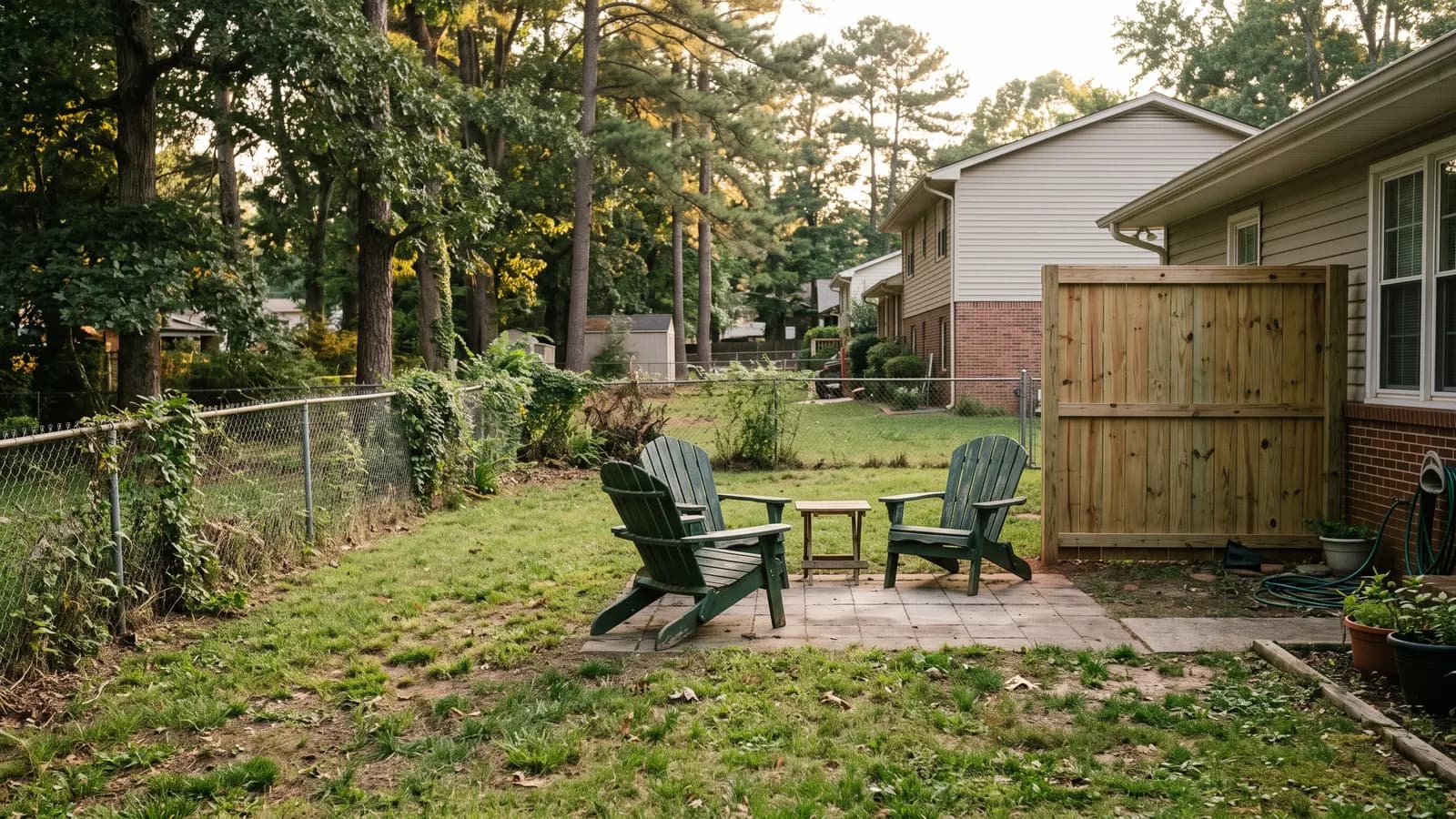 Two short solid wood privacy panels built beside a patio seating area while the rest of the boundary stays an old chain link fence