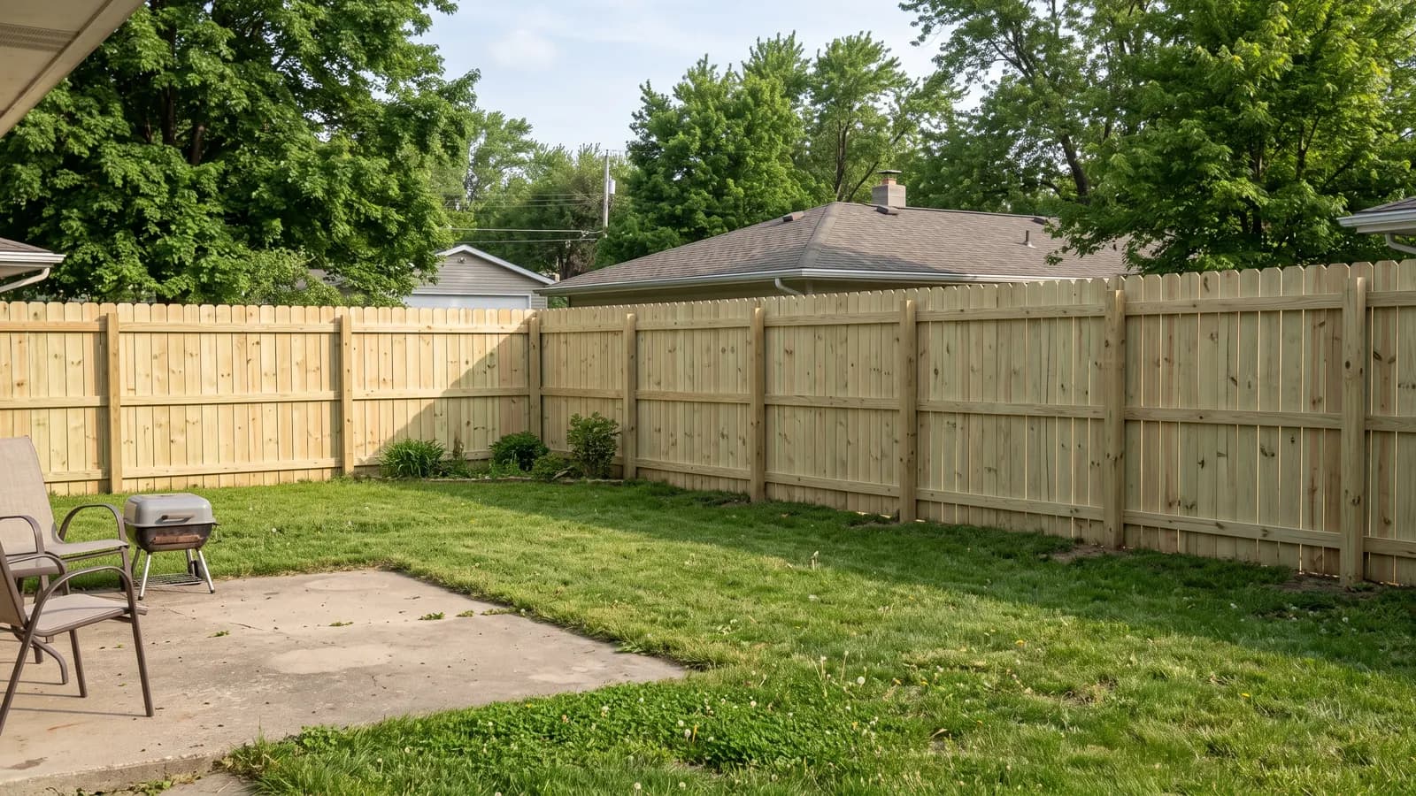 Cheap privacy fence ideas: a six-foot pressure-treated pine picket fence with dog-ear tops behind a mowed lawn and small concrete patio