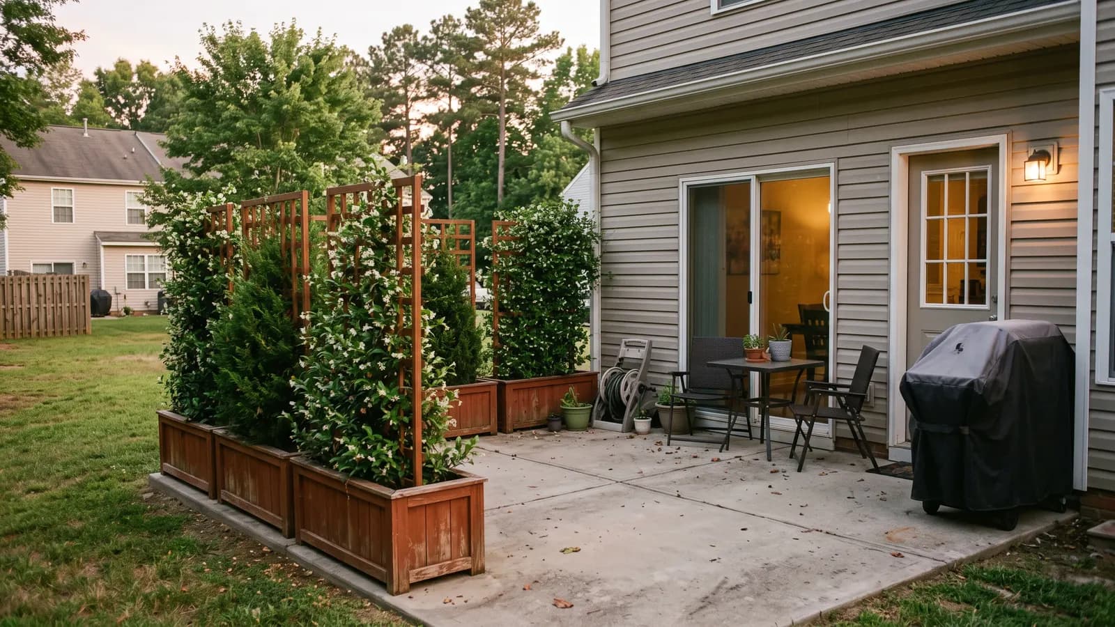 Row of cedar planter boxes with slatted trellises planted with evergreen shrubs and jasmine at the edge of a townhouse patio