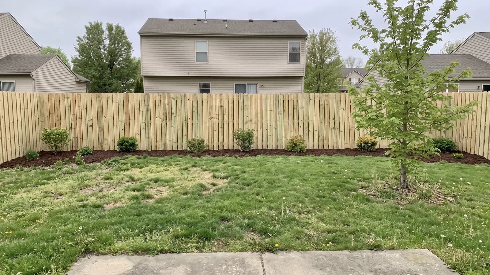 The same backyard with a six-foot dog-ear pine picket privacy fence replacing the chain link