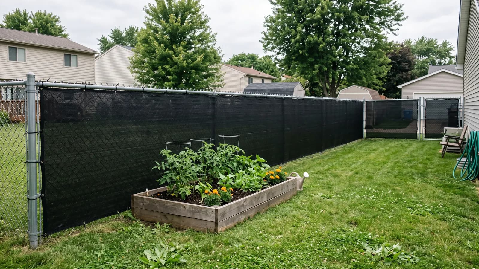 Black privacy screen fabric attached with zip ties to a six-foot chain link fence behind a raised garden bed