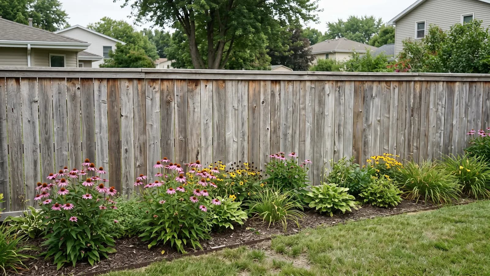 Six-foot fence built from reclaimed weathered fence boards in mixed widths and gray-brown tones with coneflowers in front