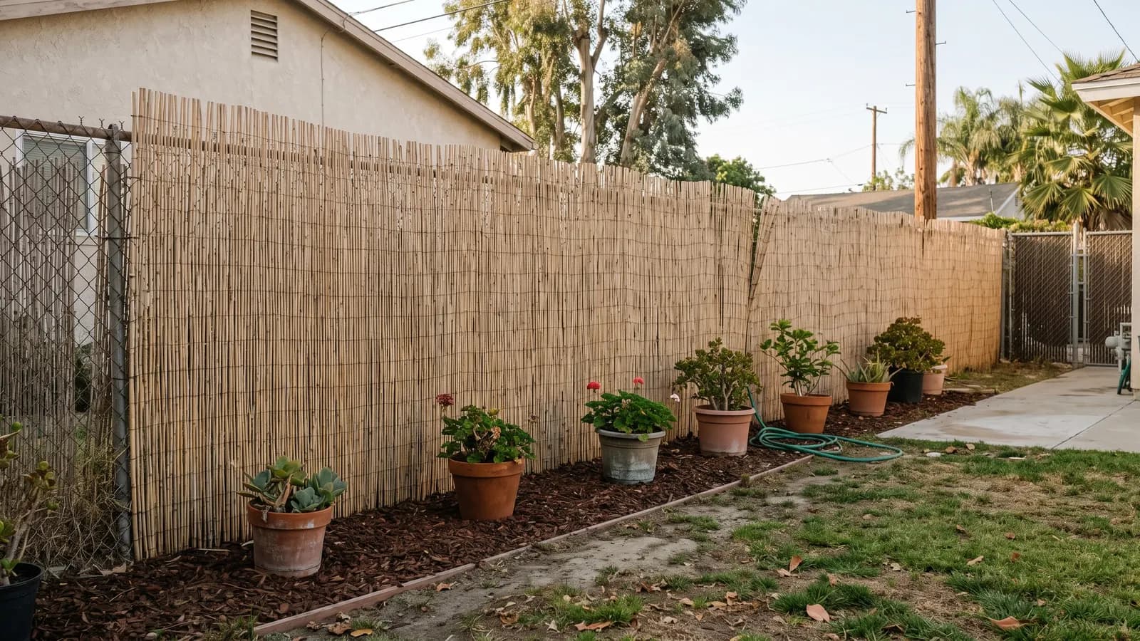 Thin natural reed fencing attached to an old wire fence with pots and a mulched planting strip in front