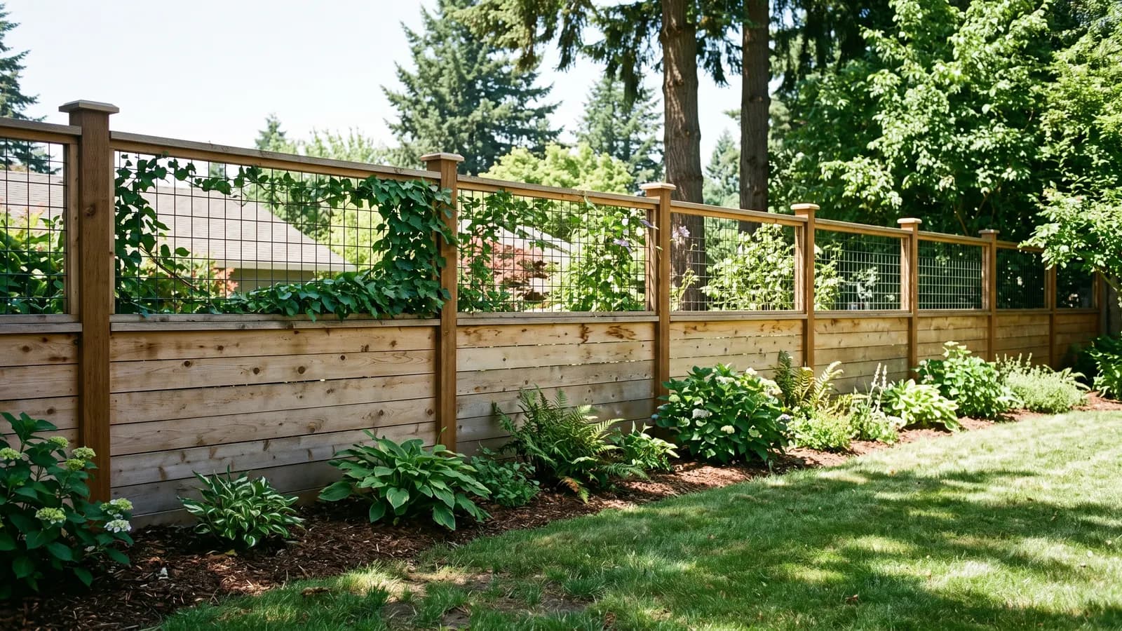 Six-foot fence with solid horizontal boards on the lower four feet and welded wire with vines on the top two feet