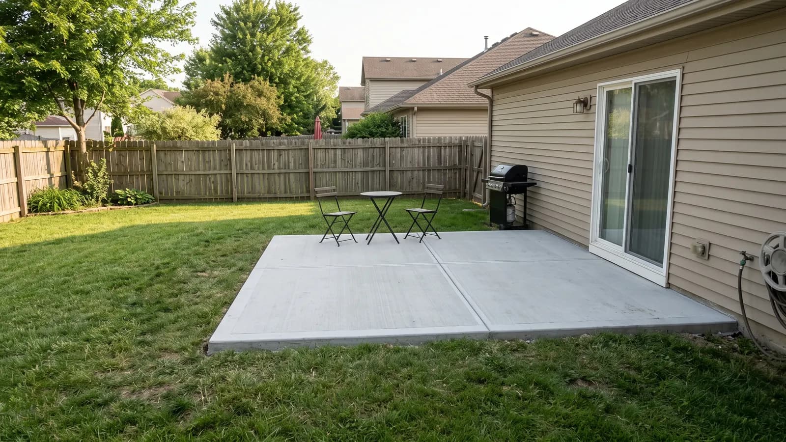 Concrete patio cost starts with a plain broom-finish slab like this 12 by 16 foot patio behind a suburban house, with a grill and a bistro set nearby
