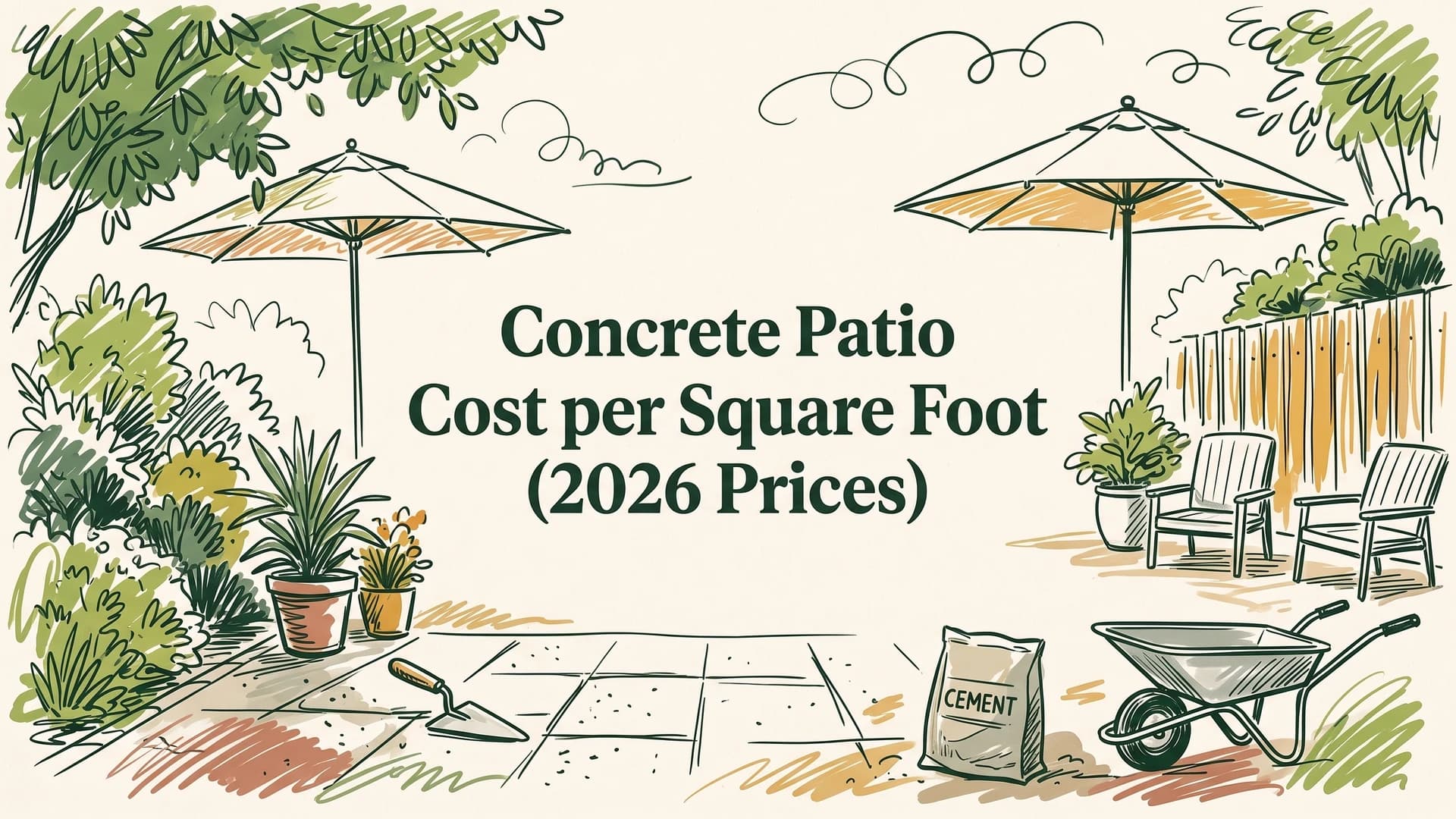 Concrete patio cost illustration with a sketched slab patio, a cement bag, a wheelbarrow, a trowel and patio chairs