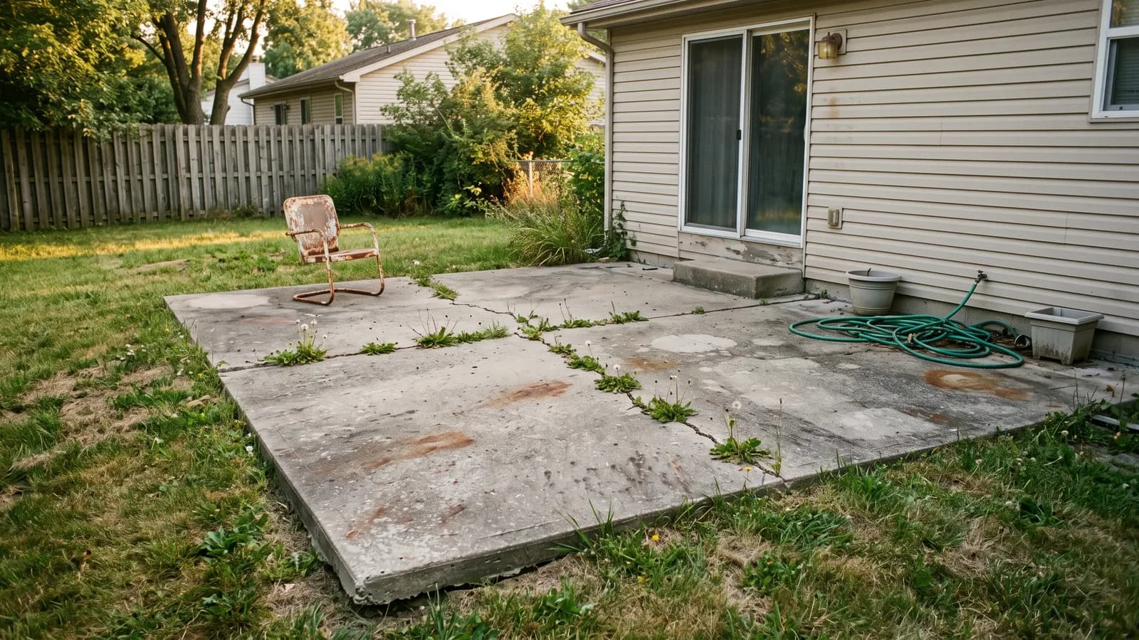 An old concrete patio behind a house with long cracks, a sunken corner and weeds growing through the joints
