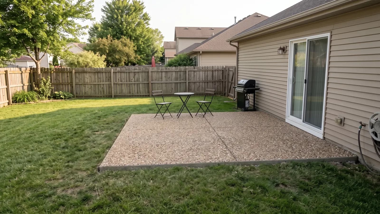 Exposed aggregate concept of the same backyard patio, with small tan and gray pebbles showing across the whole slab