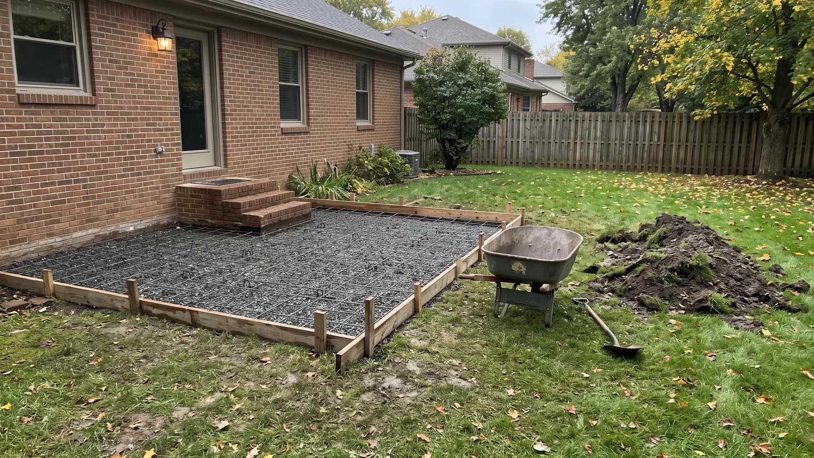 A patio site prepared for a pour, with a dug-out rectangle filled with compacted gravel and edged with wooden form boards next to the back steps