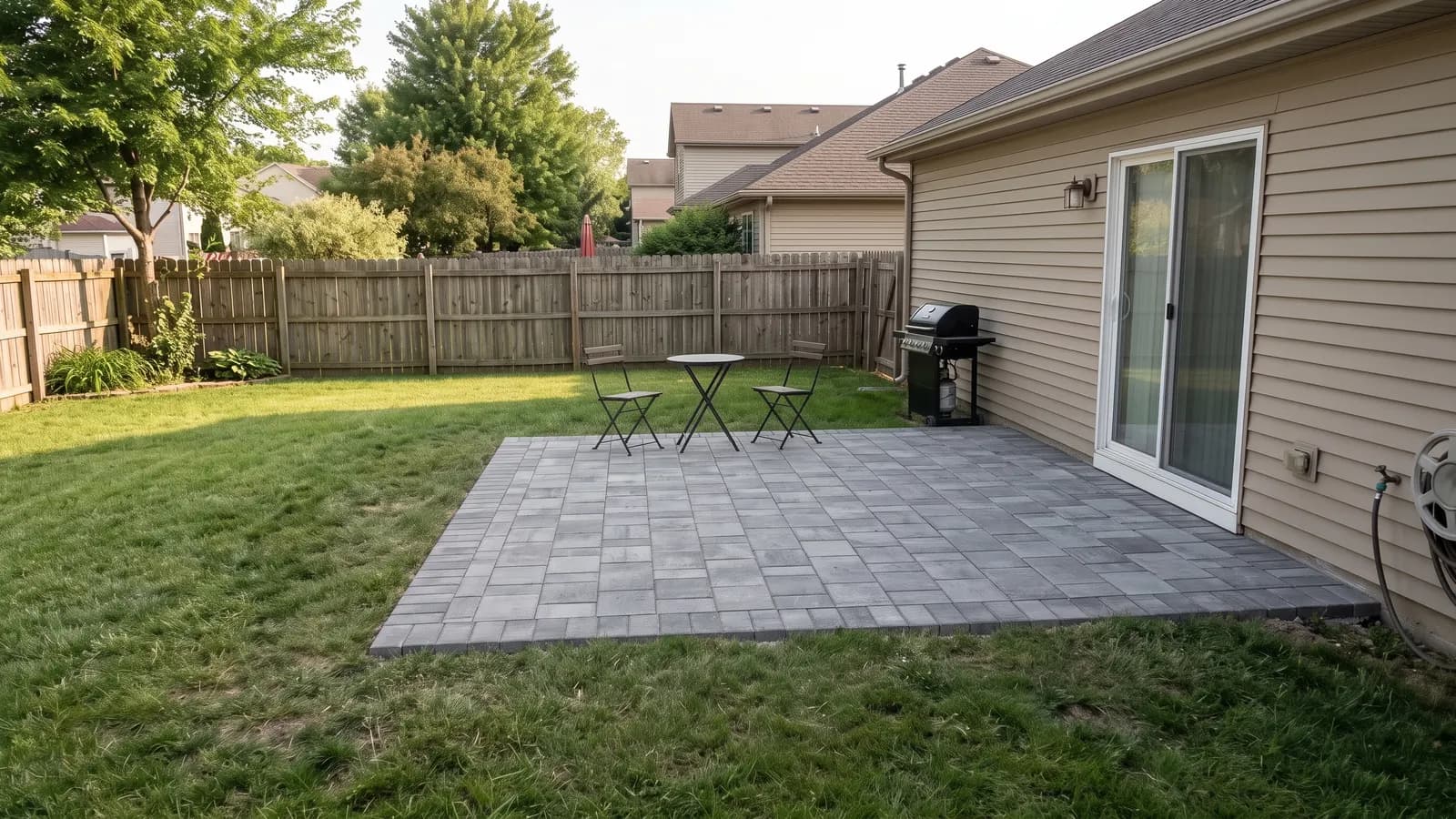 Paver concept of the same backyard patio, built from gray and charcoal rectangular pavers in a running bond pattern with a border row