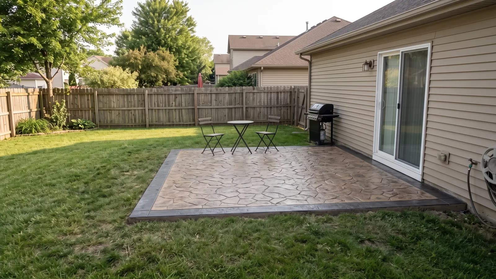 Stamped concrete concept of the same patio, colored to look like brown and gray slate with a dark charcoal border
