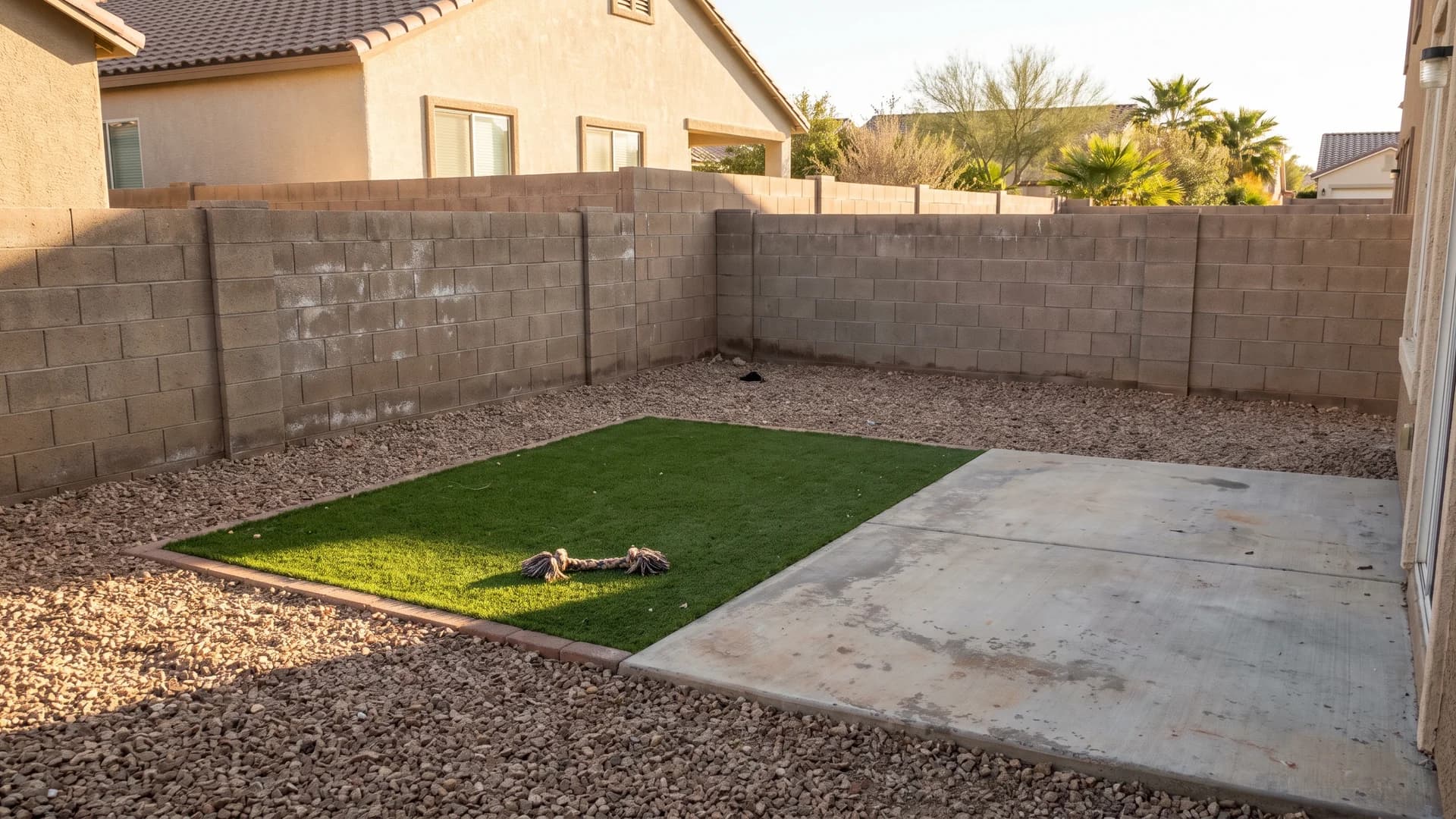 Small artificial turf pad set into a gravel backyard beside a patio