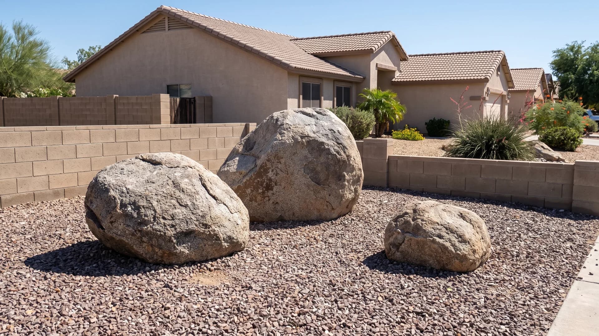 Three granite boulders of different sizes set into a gravel yard beside a block wall