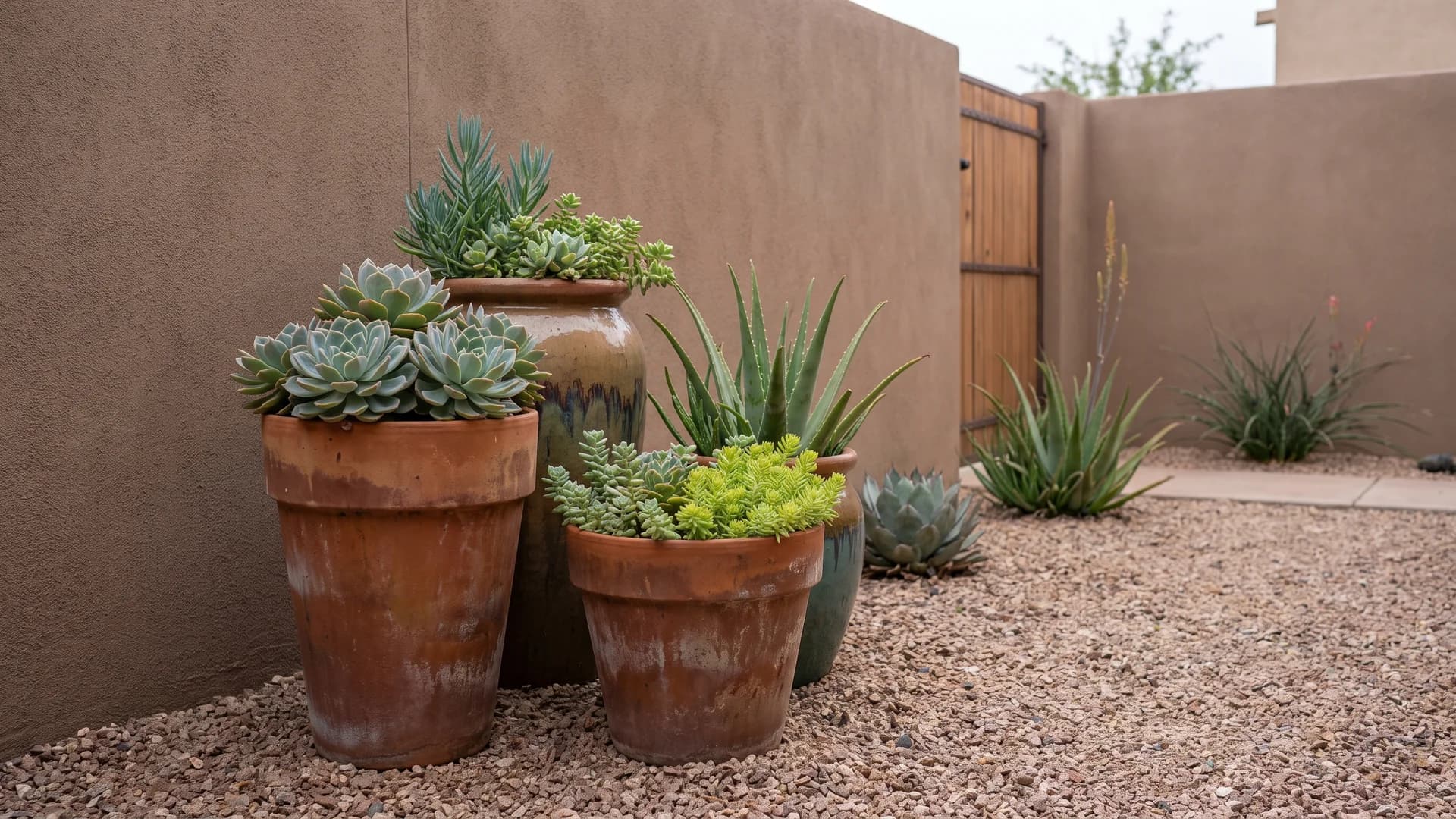 Cluster of terracotta and glazed pots with succulents in a small walled courtyard