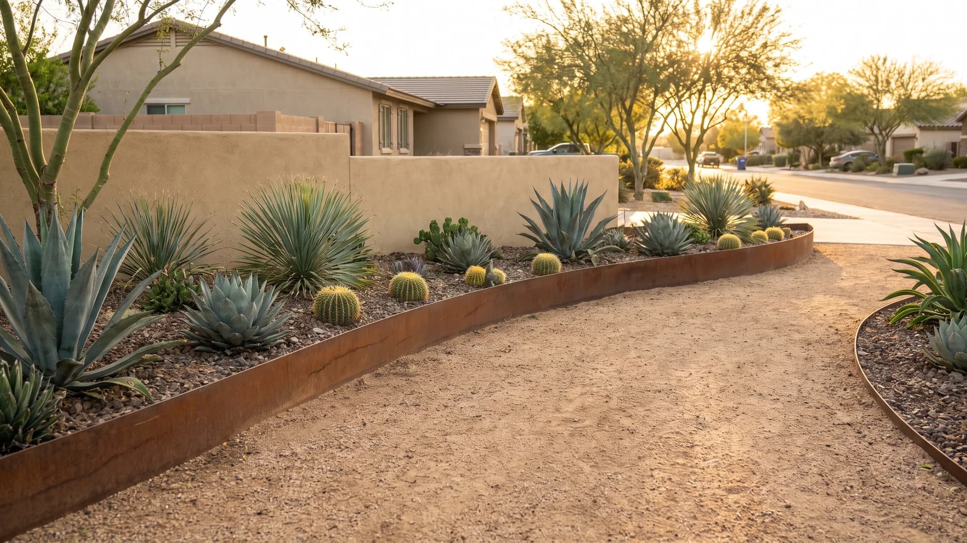 Corten steel edging separating decomposed granite from a planting bed