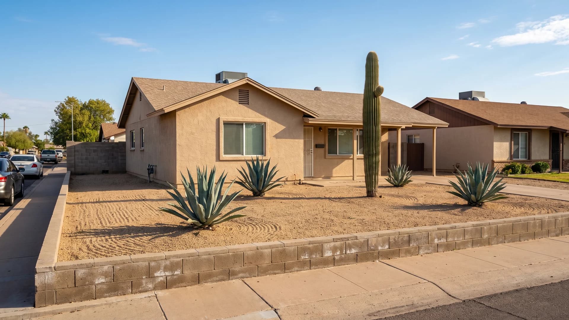 Desert landscaping ideas in a Phoenix front yard resurfaced in decomposed granite with agave and a saguaro