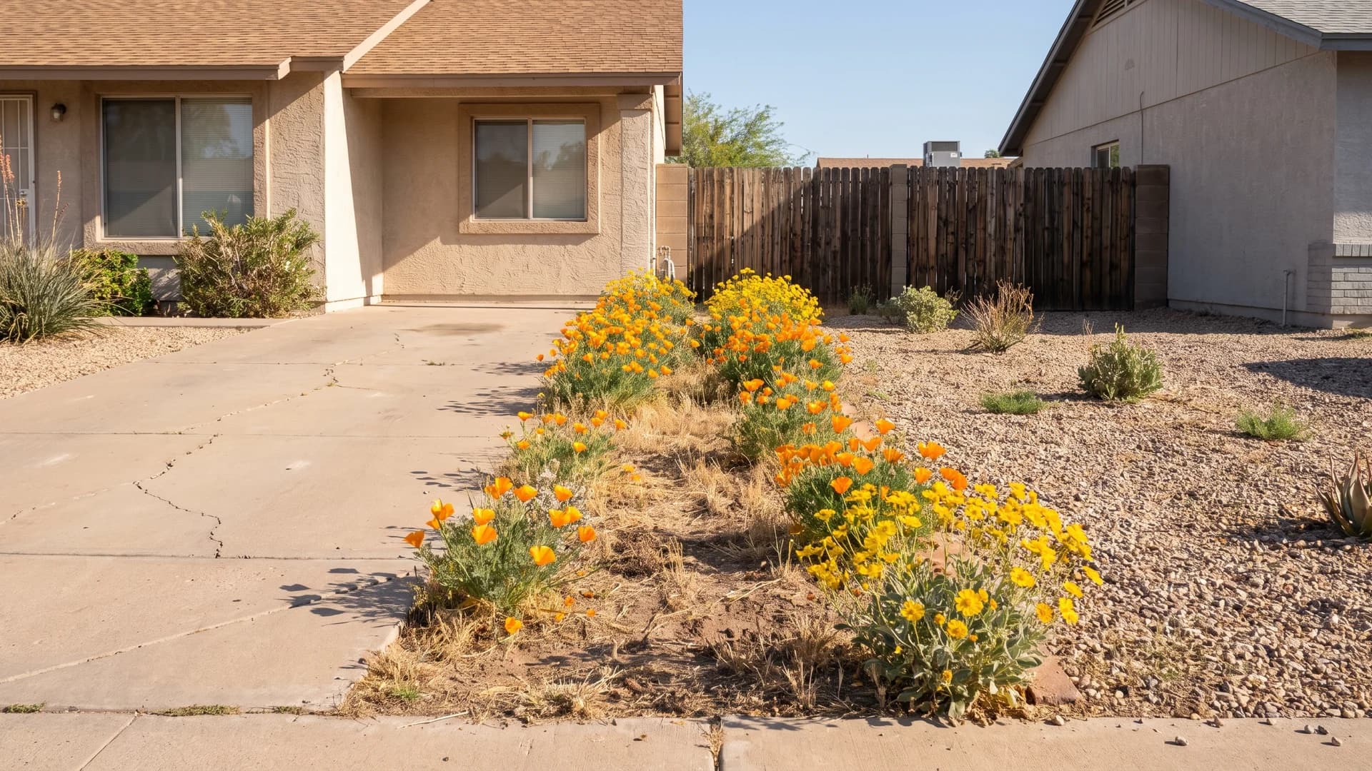 Desert wildflowers blooming along a gravel strip beside a driveway